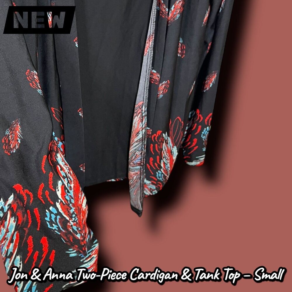 New Jon & Anna Layered Cardigan Tank Top – Black Feather Print – Size Small - Picture 5 of 7